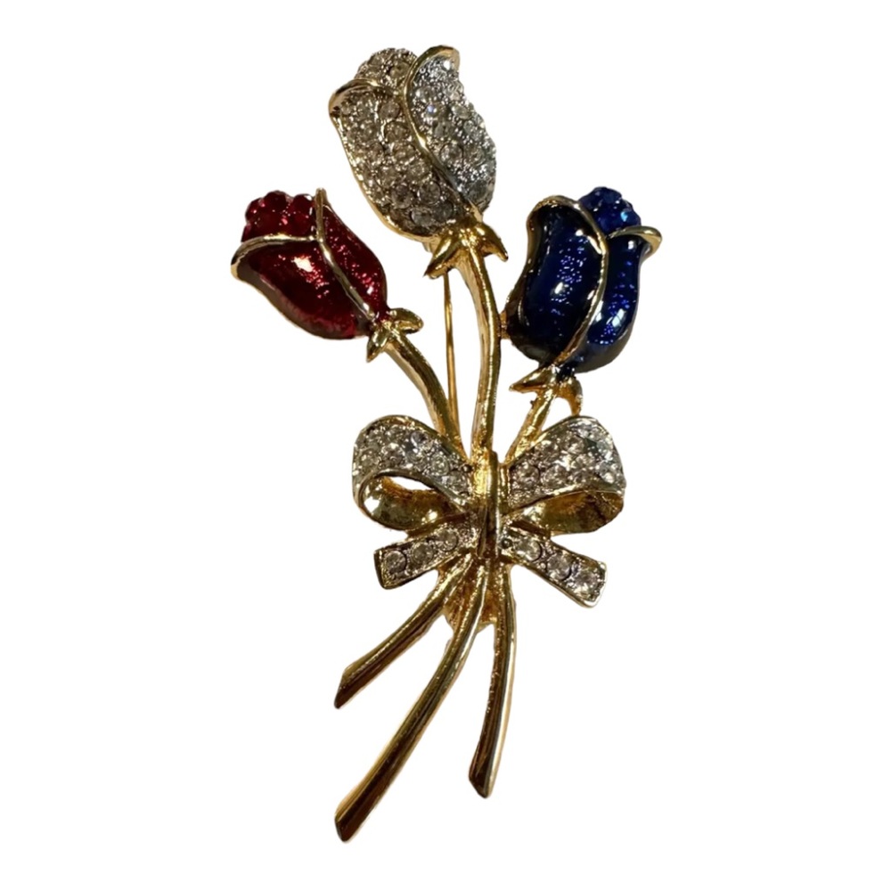 Vintage Signed Red White & Blue 3 Flower Brooch Enamel Rhinestone Pin 2 3/8”.